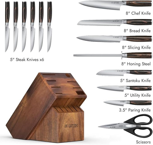 Yatoshi 15 Piece Knife Block Set - Pro Kitchen Knife Set Ultra Sharp High Carbon Stainless Steel with Ergonomic Handle, New