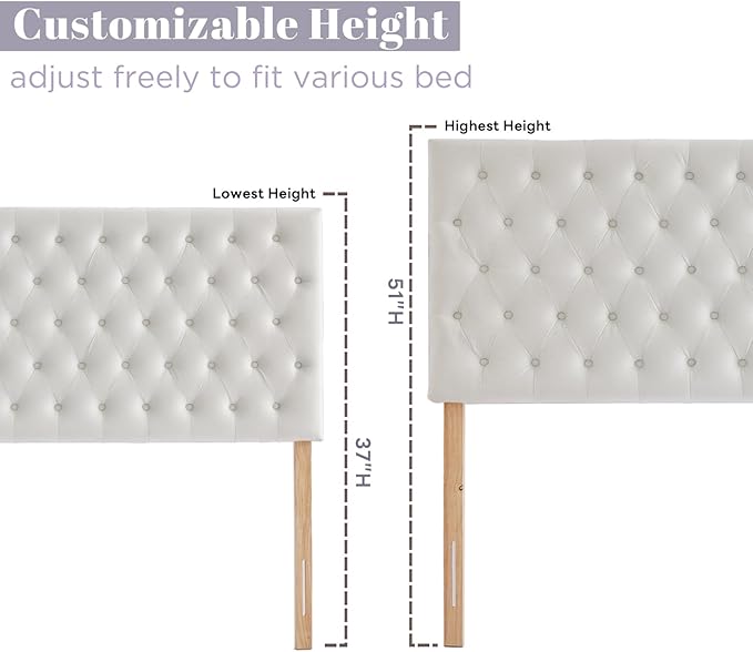 Kingfun Upholstered Queen Headboard Only, Premium Velvet Button Tufted Headboards, Adjustable Solid Wood Head Board, Padded Headboard with Solid Wood Legs in Bedroom (White)