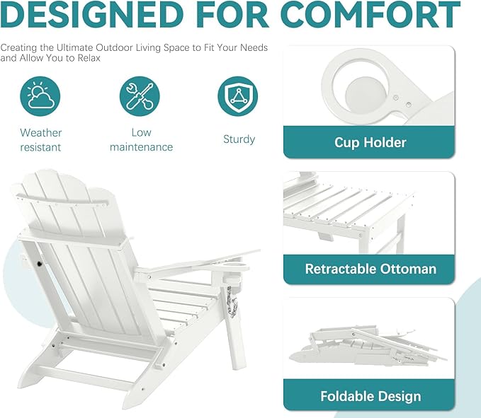 FOOWIN Adjustable Adirondack Chair with Retractable Ottoman Set of 6, Folding Adirondack Chair with Cup Holder, HDPE All-Weather Fire Pit Chair for Patio, Yard, Poolside, White