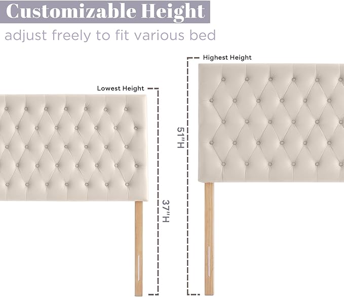 Kingfun Upholstered Queen Headboard Only, Premium Velvet Button Tufted Headboards, Adjustable Solid Wood Head Board, Padded Headboard with Solid Wood Legs in Bedroom (Beige)