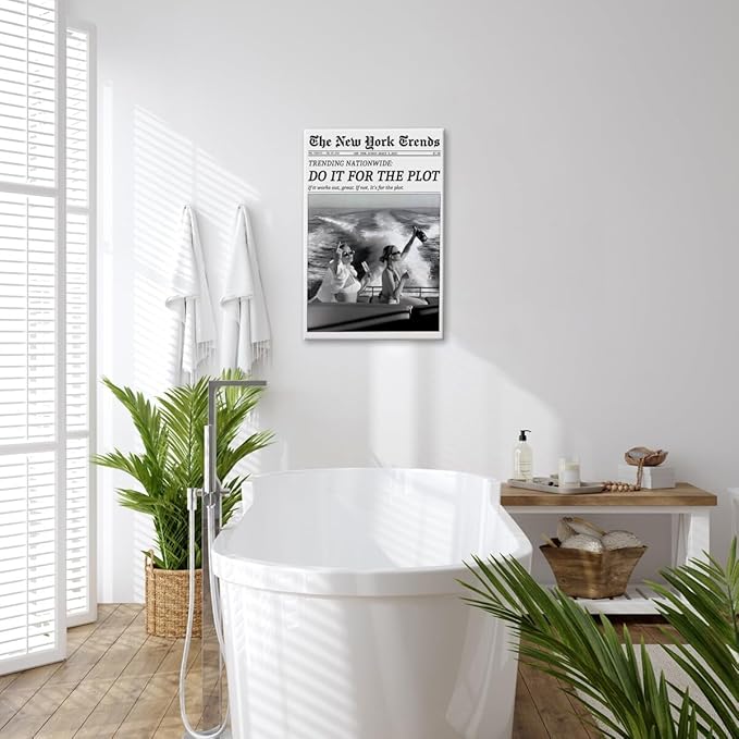 Retro New York Trends Wall Art Black and White Newspaper Poster Do It for The Plot Canvas Prints Funky Feminist Posters Trendy College Wall Decor for Bar Cart Hot Girl Dorm Room Decorative 12x16inch Framed