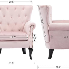 Set of 2 Mid Century Modern Accent Chair for Living Room, Velvet Armchair with Tufted Back and Wood Legs, Upholstered Lounge Armchair Single Sofa for Bedroom, Light Pink