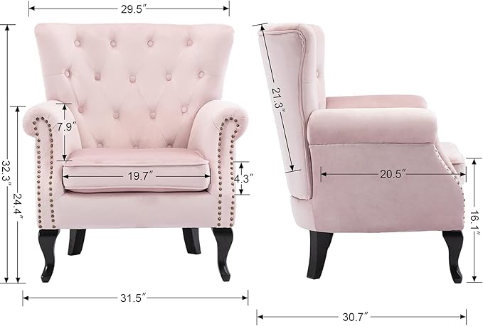 Mid Century Accent Chair for Living Room, Velvet Button Tufted Armchair Wingback Club Chair Single Sofa Lounge Chair with Pillow for Reception/Bedroom, Pink