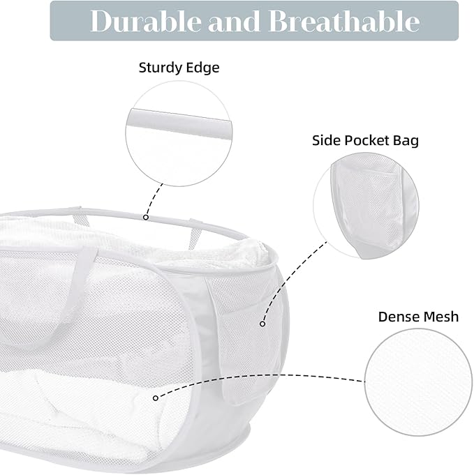 Strong Mesh Pop Up Laundry Basket, Collapsible Laundry Hamper with Side Pocket, Foldable Clothes Pop Up Hamper with Durable Reinforced Handles for Laundry, Bathroom, Kids Room, Dorm or Travel White