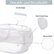 Strong Mesh Pop Up Laundry Basket, Collapsible Laundry Hamper with Side Pocket, Foldable Clothes Hamper with Durable Reinforced Handles for Laundry, Bathroom, Kids Room, Dorm or Travel 2 Pack White