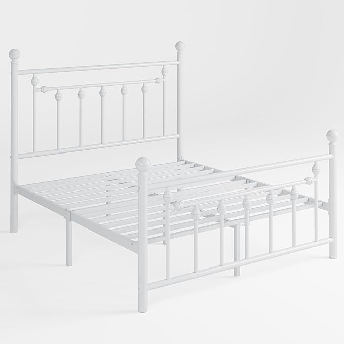 SHA CERLIN 14'' Queen Size Metal Platform Bed Frame/Victorian Headboard and Footboard/Steel Slats Mattress Foundation for Storage/No Box Spring Needed/Noise Free/White