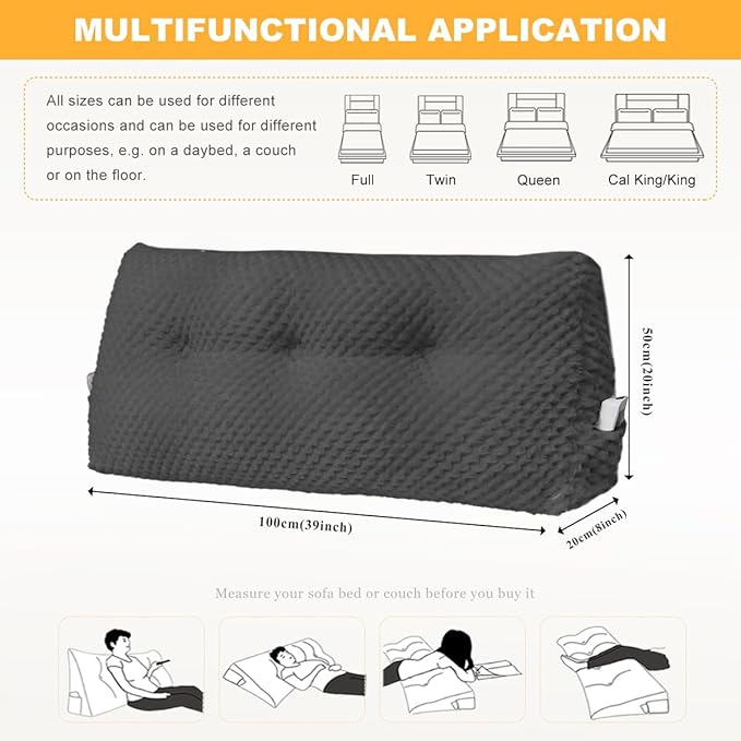 Large Triangular Headboard Wedge Pillow Soft and Supportive Headboard Backrest Positioning Support Bolster Cushion, Bed Wedge Pillow with Removable Cover(Black,Twin,39x8x20inch)
