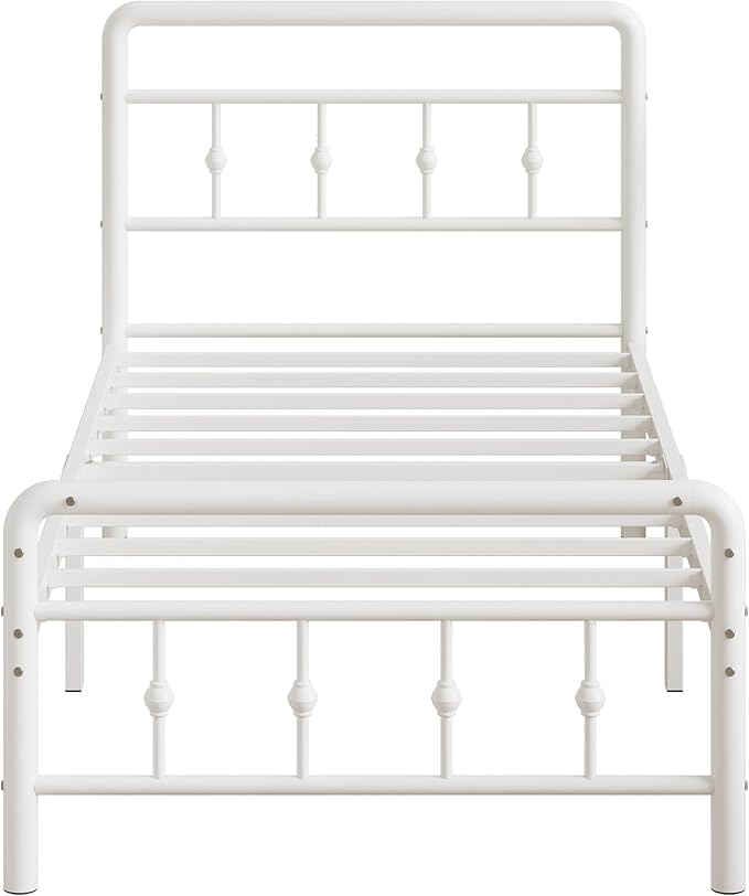 14 Inch White Twin XL Bed Frames with Headboard and Footboard, Metal Bed Frame Twin XL Victorian Style, Heavy Duty Mattress Foundation, No Box Spring Needed, Easy Assembly
