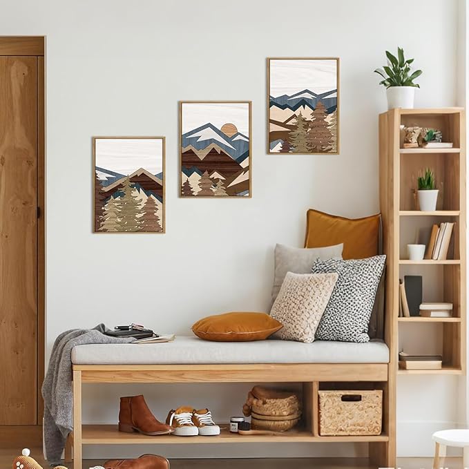 BINCUE Framed Mountain Wall Art Boho Landscape Wall Decor Mountain Artwork for Office Living Room Bedroom 12" Lx16 W Set of 3