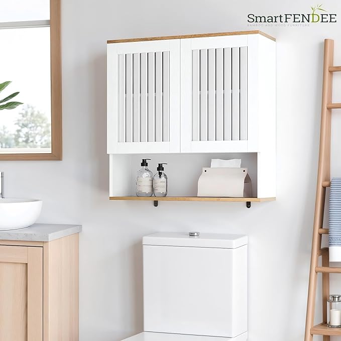 Bathroom Cabinet with Louvered Door, White Wall Mounted Cabinet with Adjustable Shelf for Bathroom, Laundry Room, Above Toilet Organizer