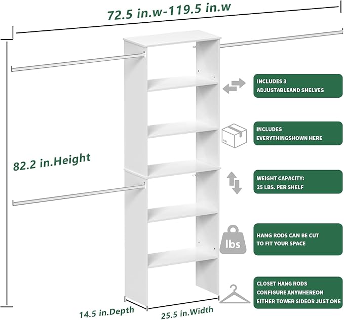 Closet System, 25.5" Wide Closet Organizer System with 3 Hanging Rods, Wood Tower Closet Storage for Walk In Closets, Wall Mounted Wardrobe Organizer Kit, Bedroom, Fit Space 6-10 ft, White