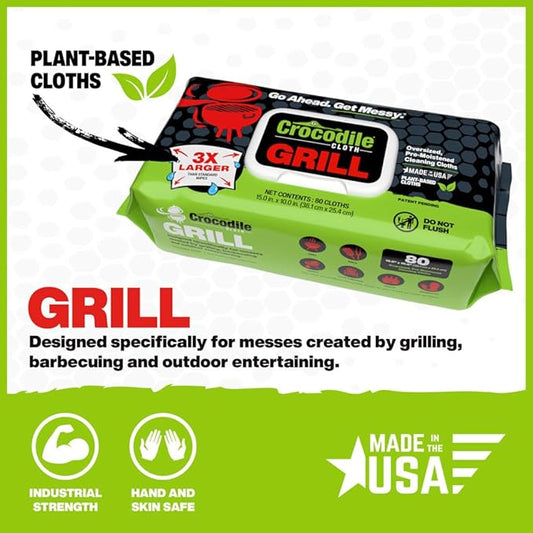 Crocodile Cloth Grill - 80 (15" x 10") Plant-based Cleaning Wipes. Safe on Skin & Multiple Surfaces. Infused with Aloe & Vitamin E. Large, Pre-Moistened & Absorbent.