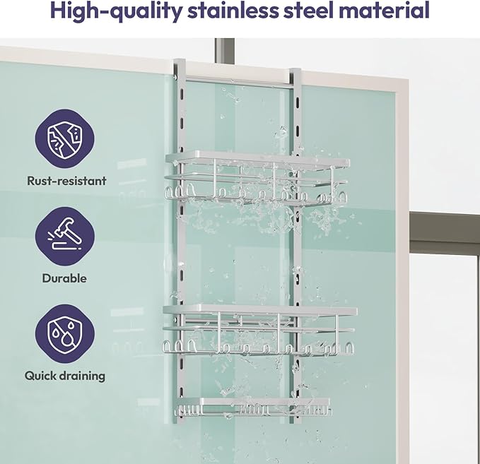 SWTYMIKI Over The Door Shower Caddy - 3 Tier Rustproof Hanging Shower Organizer with Adjustable Shelves, 28 Hooks & Soap Holder, Hanging Shower Rack Storage for Bathroom Accessories, Silver