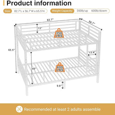 Full XL Over Full XL Bunk Bed, Metal Bunk Bed Frame Heavy Duty Bunk Beds Loft Bed Frame with Ladder and Guardrail Metal Slats No Box Spring Required for Adults Teens, White