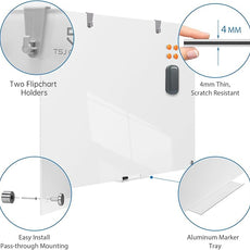 TSJ OFFICE Glass Dry-Erase Board - 48 x 32 Inches Brilliance White Magnetic Glass Whiteboard, Wall Mounted Large Frameless White Board for School, Home & Office