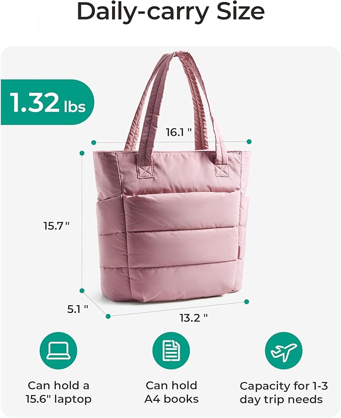 BAGSMART Tote Bag for Women, Lightweight Puffy Tote Bag with Compartments Shoulder Bag Handbag for Travel, Work, Gym