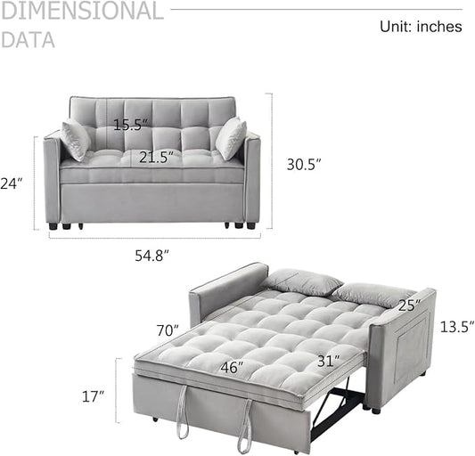 Futon Sofa Bed, 3 in 1 Sleeper Sofa Couch Bed with Armrests, Storage Pockets and 2 Pillows, Adjustable Backrest, Sofa Bed Couch for Living Room, Bedroom, Office,Reading Room(Grey)