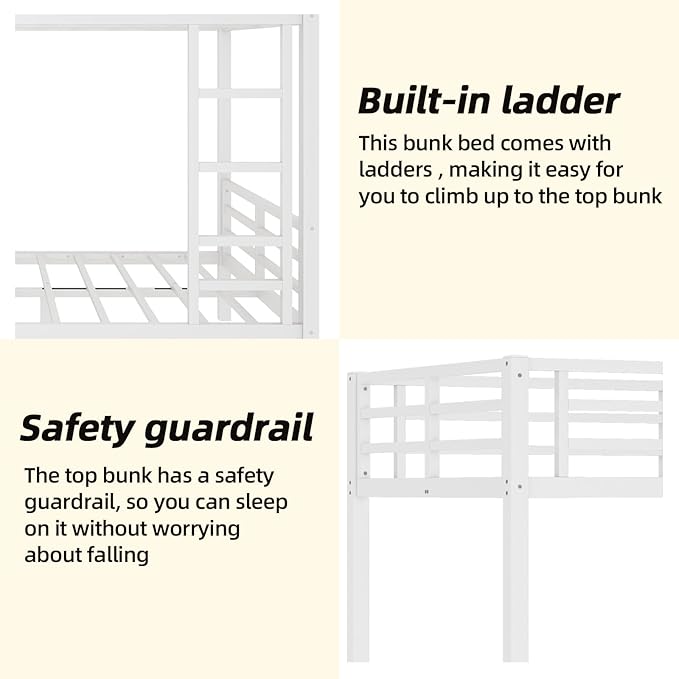 Twin XL Over Twin XL Bunk Bed, Metal Bunk Bed Frame Heavy Duty Bunk Beds Loft Bed Frame with Ladder and Guardrail Metal Slats No Box Spring Required for Adults Teens, White