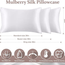 100% Pure Silk Pillowcase for Hair and Skin, Both Sides Mulberry Silk Pillowcases with Hidden Zipper, Cooling Pillowcase 19 Momme, 600 Thread Silk Pillow Cases Standard Size, 2PCS, White