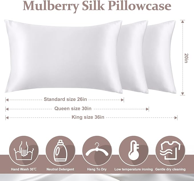 100% Pure Silk Pillowcase for Hair and Skin, Both Sides Mulberry Silk Pillowcases with Hidden Zipper, Cooling Pillowcase 19 Momme, 600 Thread Silk Pillow Cases Standard Size, 2PCS, White