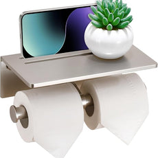 Toilet Paper Holder - Aluminium Double Roll Toilet Tissue Holder with Mobile Phone Shelf for Bathroom, 3M Self Adhesive No Drilling or Wall-Mounted, Rustproof Modern Style Brushed Nickel