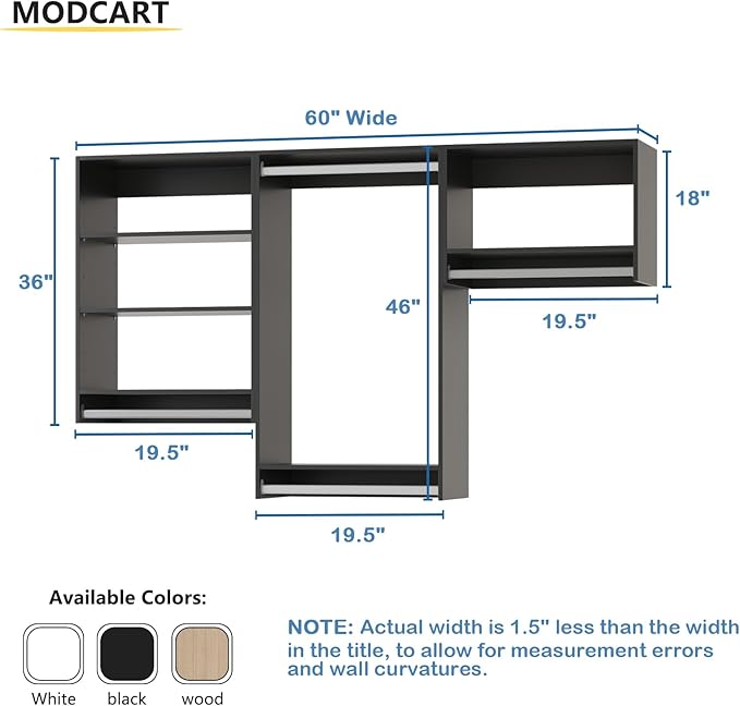 Modular Closet Organizer - 60" Wide Tower with Hanging Shelves, Wall-Mounted Wardrobe Kit for Walk-In Closets, Black