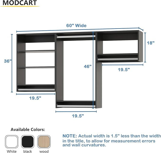 Modular Closet Organizer - 60" Wide Tower with Hanging Shelves, Wall-Mounted Wardrobe Kit for Walk-In Closets, Black