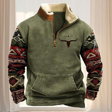 Western Sweatshirts for Men Aztec Cowboy Vintage Graphic Fleece Hoodie Mens Quarter Zip Pullover Country Jacket