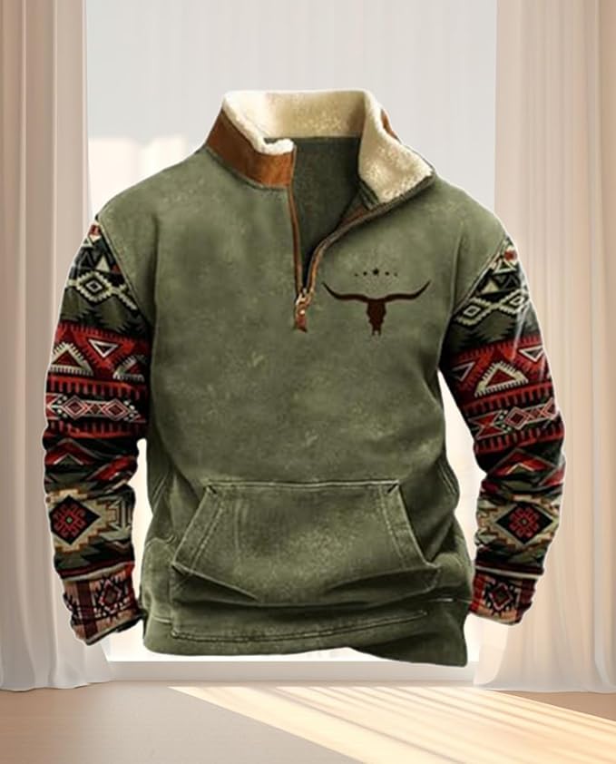 Western Sweatshirts for Men Aztec Cowboy Vintage Graphic Fleece Hoodie Mens Quarter Zip Pullover Country Jacket