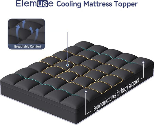 ELEMUSE Full XL Black Mattress Topper for Back Pain, Extra Thick Mattress Pad Cover, Plush Soft Pillowtop with Elastic Deep Pocket, Overfilled Down Alternative Filling