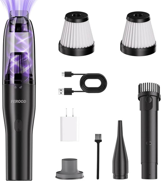 4-in-1 Mini Handheld Vacuum Cordless for Car, Desk & Small Spaces, 6.5kPa Strong Suction, Ultra-Quiet 60dB, 0.85 lb Portable Air Duster/Inflator/Pump, USB-C Rechargeable 2 Washable HEPA Filters