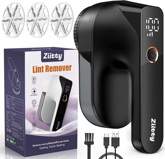 Fabric Shaver - Ziitty Lint Remover for Clothes, Sweater Defuzzer with LCD Display, 3-Speeds, 6-Blade, Type-C Rechargeable, Sweater Shaver to Remove Pilling Fuzz Lint Balls Pills for Clothes Furniture