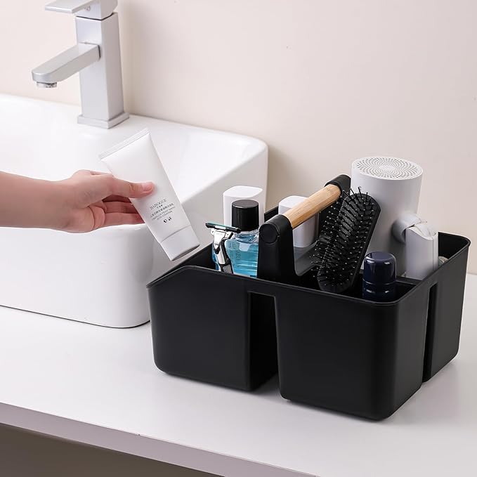 rejomiik Portable Shower Caddy Basket with Bamboo Handle, Plastic Cleaning Caddy Bathroom Organizer Tote for College Dorm Essentials, Bath Toy Storage, Black