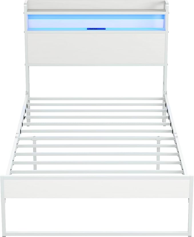 Elephance Twin Bed Frames with Charging Station and LED Lights, Metal Bed Frame with 2-Tier Storage Headboard, No Box Spring Needed, Noise Free, Easy Assembly