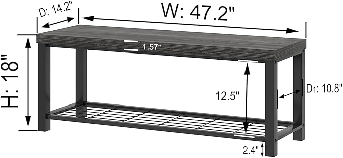 FOLUBAN Shoe Storage Bench, Modern Entryway Bench with Metal Shelf, Industrial Indoor Shoe Bench Seat for Bedroom, Hallway, Living Room, Dark Gray, 47 Inch