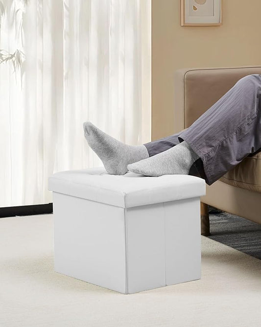 Folding Storage Ottoman, Foot Stool with Thicker Foam Padded Seat Small Leather Storage Ottoman Bench Foot Rest for Living Room Foldable Coffee Table 17x13x13in,White