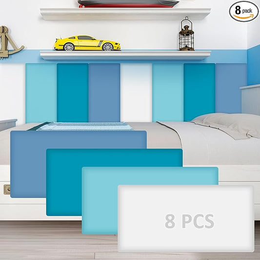 8 Pack Wall Padding for Playroom Peel and Stick Headboard 15.75" x 7.87" x 1.18" 3D Anti Collision Upholstered Wall Panels Self Adhesive Headboard Panel for Protection (Blue Colors)