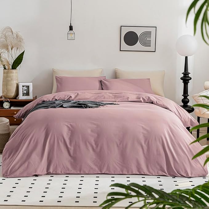 JELLYMONI Pink Duvet Cover Full Size - 100% Washed Cotton Linen Like Textured Comforter Cover, 3 Pieces Breathable Soft Bedding Set with Zipper Closure (Dusty Pink, Full 80"x90")