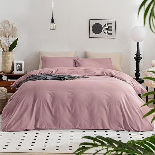 JELLYMONI Pink Duvet Cover Full Size - 100% Washed Cotton Linen Like Textured Comforter Cover, 3 Pieces Breathable Soft Bedding Set with Zipper Closure (Dusty Pink, Full 80"x90")