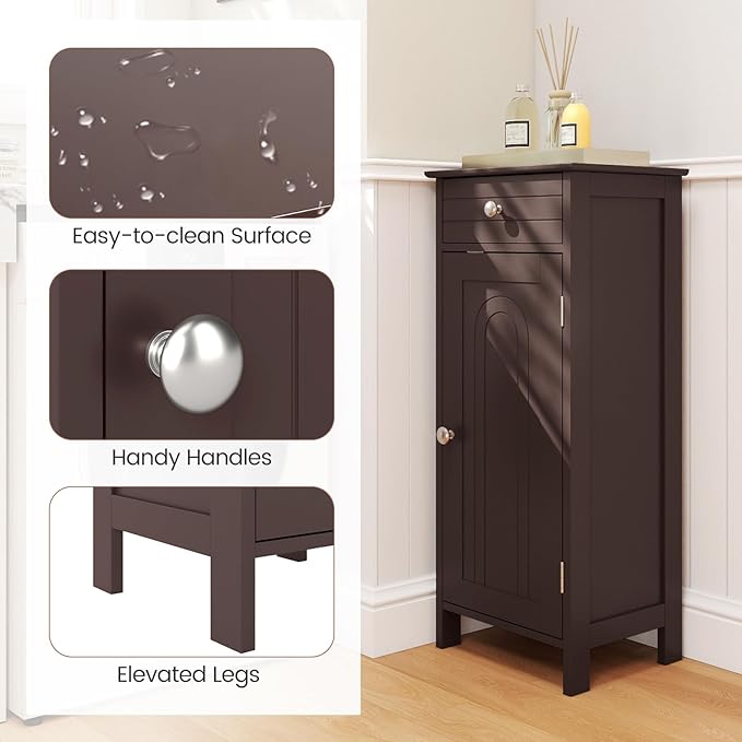 GLACER Floor Storage Cabinet, Multifunctional Freestanding Bathroom Storage Cabinet with 2 Adjustable Shelves, Ideal for Bathroom, Living Room, 14 x 12 x 34.5 inches (Brown)