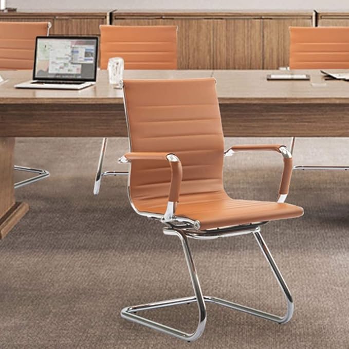 Office Desk Chair Set of 4,No Wheels PU Leather Computer Chairs Mid Back Guest Chairs with Seld Base for School/Reception/Conference/Waiting Room, Terracotta