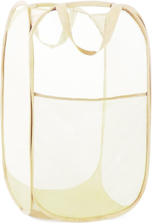 Durable Collapsible Laundry Baskets- Reinforced Mesh Pop Up Laundry Hamper with Side Pocket, Foldable Clothes Storage Hamper with Carry Handles for Laundry, Bathroom, Kids Room, Dorm or Travel Beige