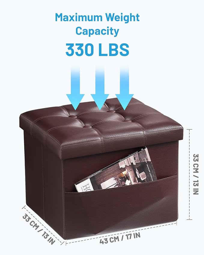 AmasSmile 2PC Storage Ottoman Folding Foot Rest Stool with Side Pocket, 16 inch Leather Footstool Bench, Short Ottoman Bench, Storage Foot Rest Store, Books, Brown