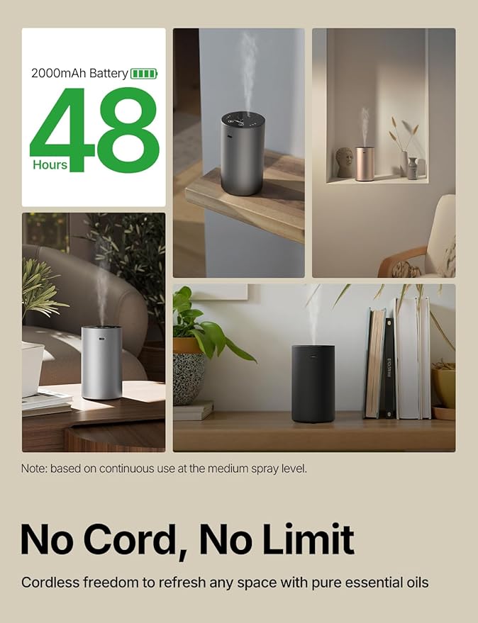 Waterless Essential Oil Diffuser, Rechargeable Scent Diffusers with 3 Mist Levels & Timers, Portable Aromatherapy Diffuser for Home Car Room Studio Office, Black Metal 2 Pack