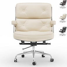 Home Office Chair with Top Grain Leather, Padded Armrests, Mid-Back Upholstered Executive Leather Desk Chair, Aluminum Frame, Adjustable Height, 360 Swivel, Rolling Wheels, 350lbs Capacity