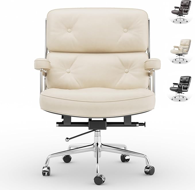 Home Office Chair with Top Grain Leather, Padded Armrests, Mid-Back Upholstered Executive Leather Desk Chair, Aluminum Frame, Adjustable Height, 360 Swivel, Rolling Wheels, 350lbs Capacity