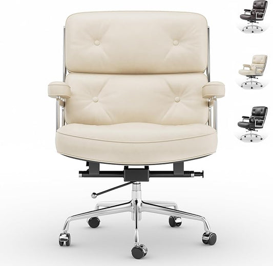 Home Office Chair with Top Grain Leather, Padded Armrests, Mid-Back Upholstered Executive Leather Desk Chair, Aluminum Frame, Adjustable Height, 360 Swivel, Rolling Wheels, 350lbs Capacity