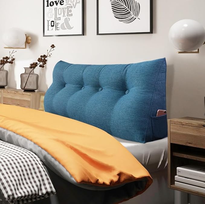 10 lbs Thickened Headboard Pillow Wedge Pillow Headboard Reading Pillow Bed for Backrest Reading Triangular Pillow with Side Pocket Backrest Pillows for Sitting in Bed Wedge Blue Full