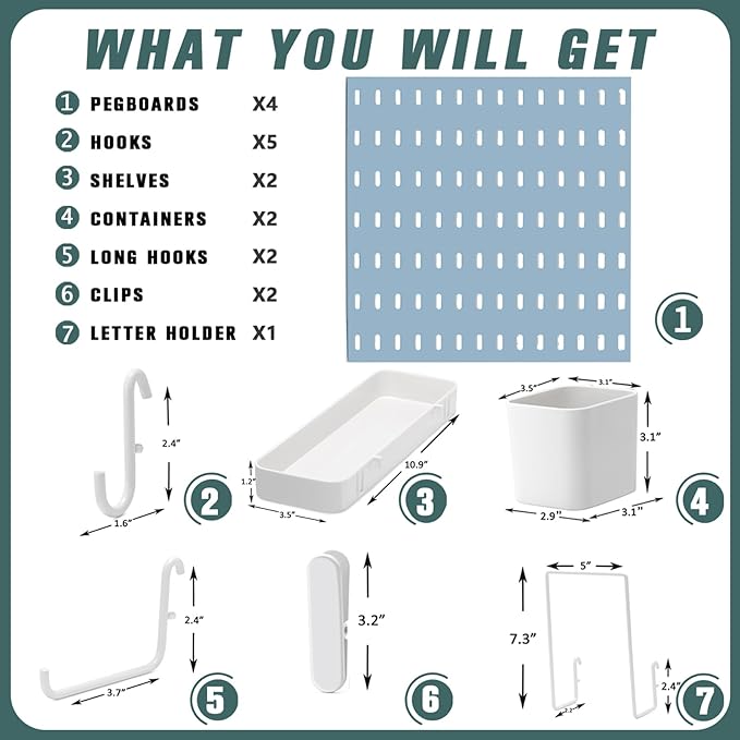 Pegboard Combination Kit, Wall Mounted Storage Set with 4 Pegboards & 14 Accessories Hanging, Blue Peg Boards Organizer for Walls Display, Crafts Organization, Kitchen Organizer, 22" x 22"