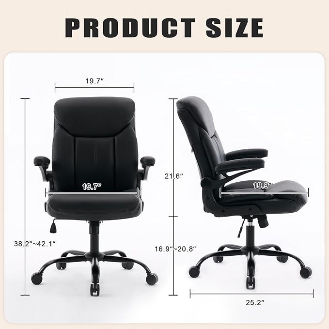 Office Chair, Ergonomic Computer Chair with Flip-up Arms Home Desk Chairs Comfy PU Leather Executive Mid Back Support Adjustable Height Tilt Lock Swivel Rolling Wheels, Black